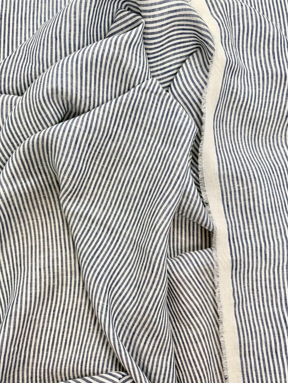 European Washed Linen | White & Blue Stripe