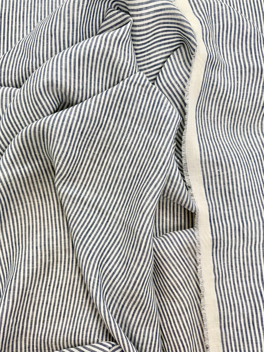 European Washed Linen | White & Blue Stripe