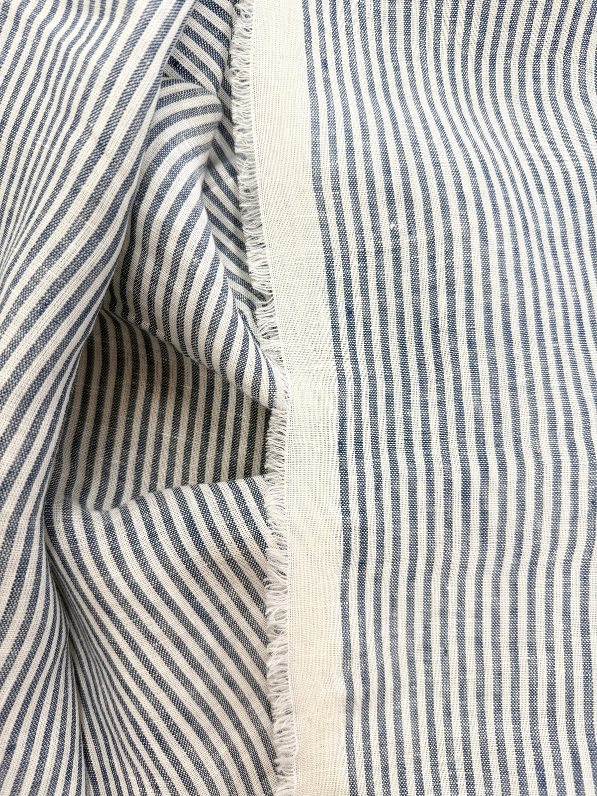 European Washed Linen | White & Blue Stripe