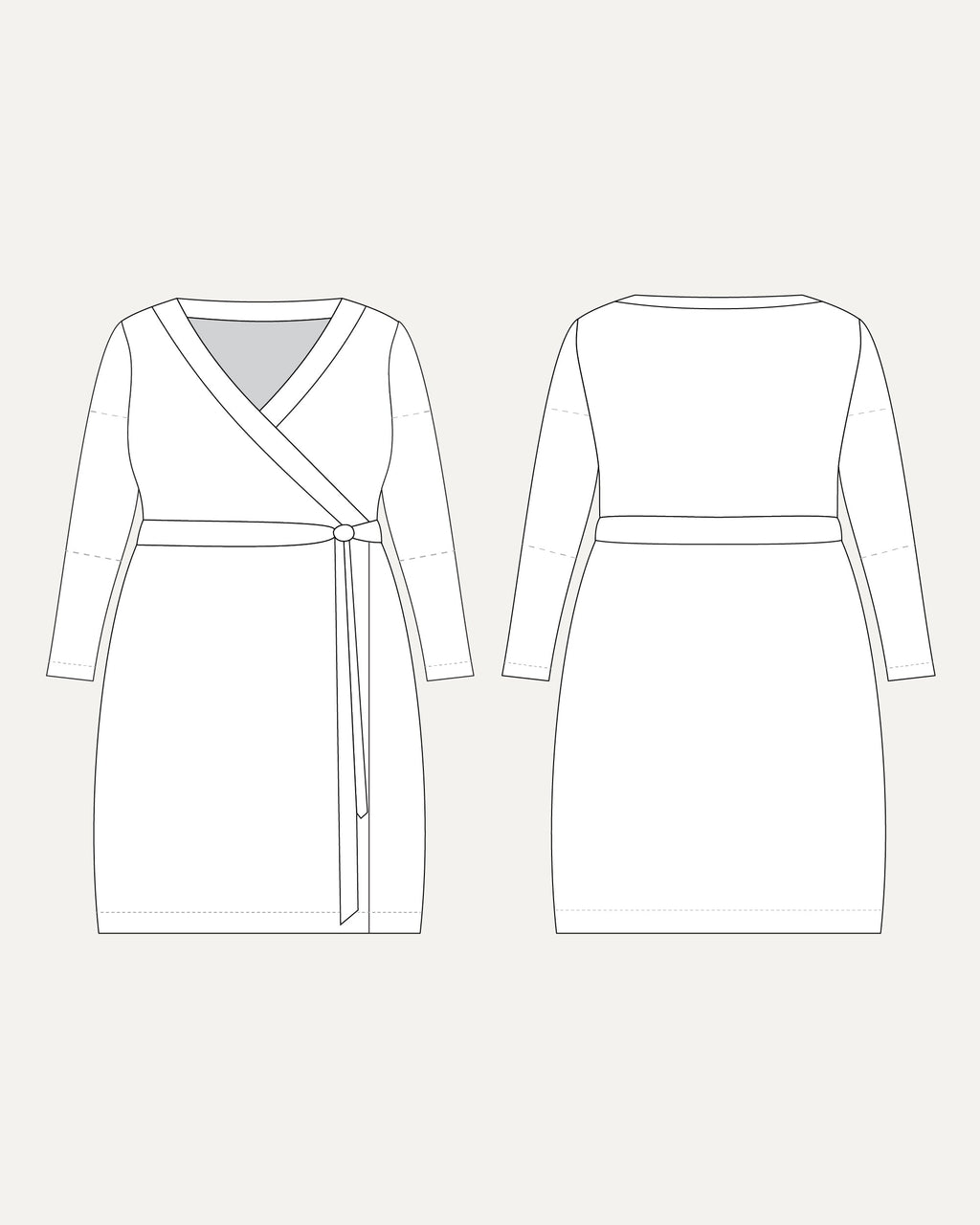 Line drawing of a wrap dress from front and back views on a white background. This dress is the Appleton Wrap Dress sewing pattern from Cashmerette.