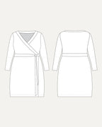 Line drawing of a wrap dress from front and back views on a white background. This dress is the Appleton Wrap Dress sewing pattern from Cashmerette.