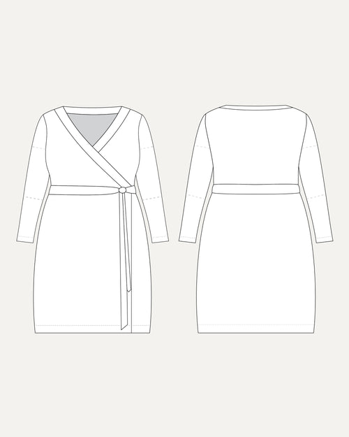 Line drawing of a wrap dress from front and back views on a white background. This dress is the Appleton Wrap Dress sewing pattern from Cashmerette.