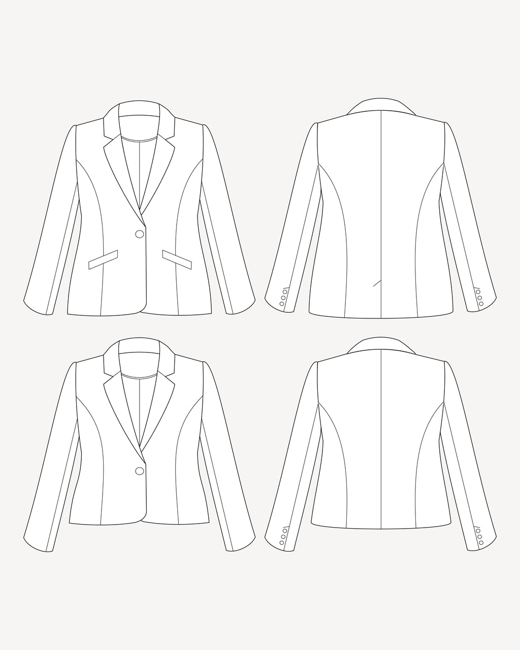 Line drawing of a blazer from multiple angles on a white background. This blazer is the Auburn Blazer sewing pattern from Cashmerette.