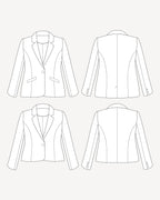 Line drawing of a blazer from multiple angles on a white background. This blazer is the Auburn Blazer sewing pattern from Cashmerette.