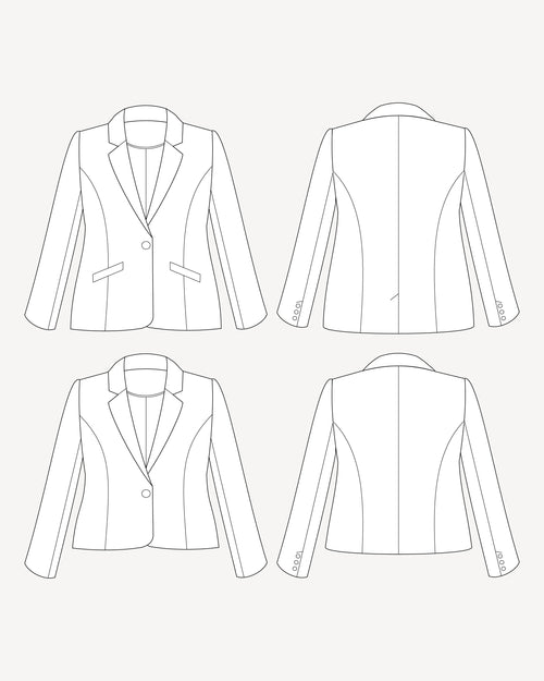 Line drawing of a blazer from multiple angles on a white background. This blazer is the Auburn Blazer sewing pattern from Cashmerette.
