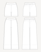 Line drawings of various styles of pants on a white background. These pants are the Calder Pants & Shorts sewing pattern from Cashmerette.