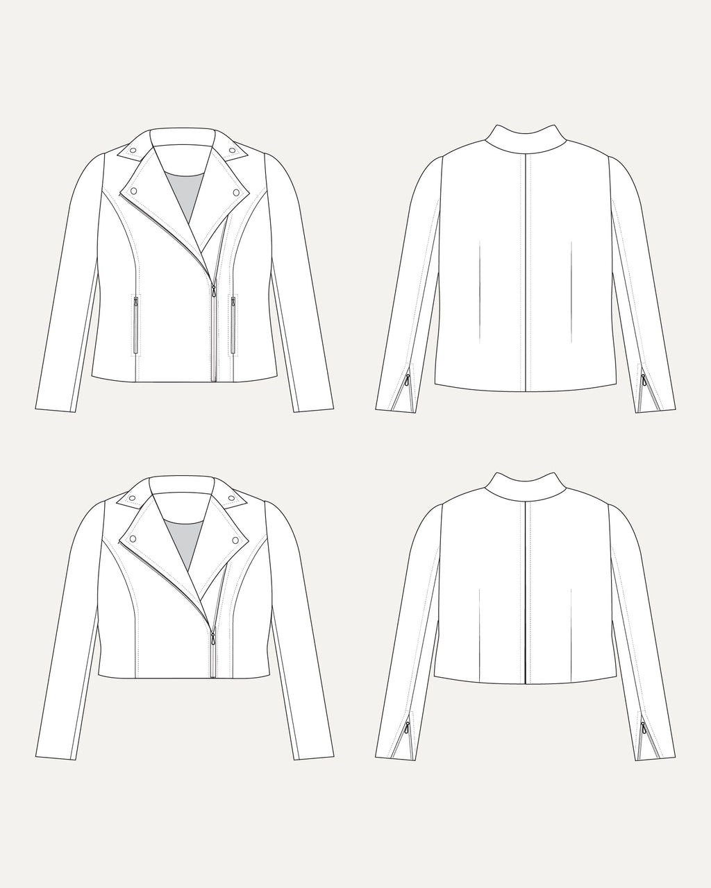 Line drawing of a jacket from multiple angles on a white background. This biker jacket is the Canton Moto Jacket sewing pattern from Cashmerette.