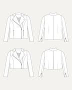 Line drawing of a jacket from multiple angles on a white background. This biker jacket is the Canton Moto Jacket sewing pattern from Cashmerette.