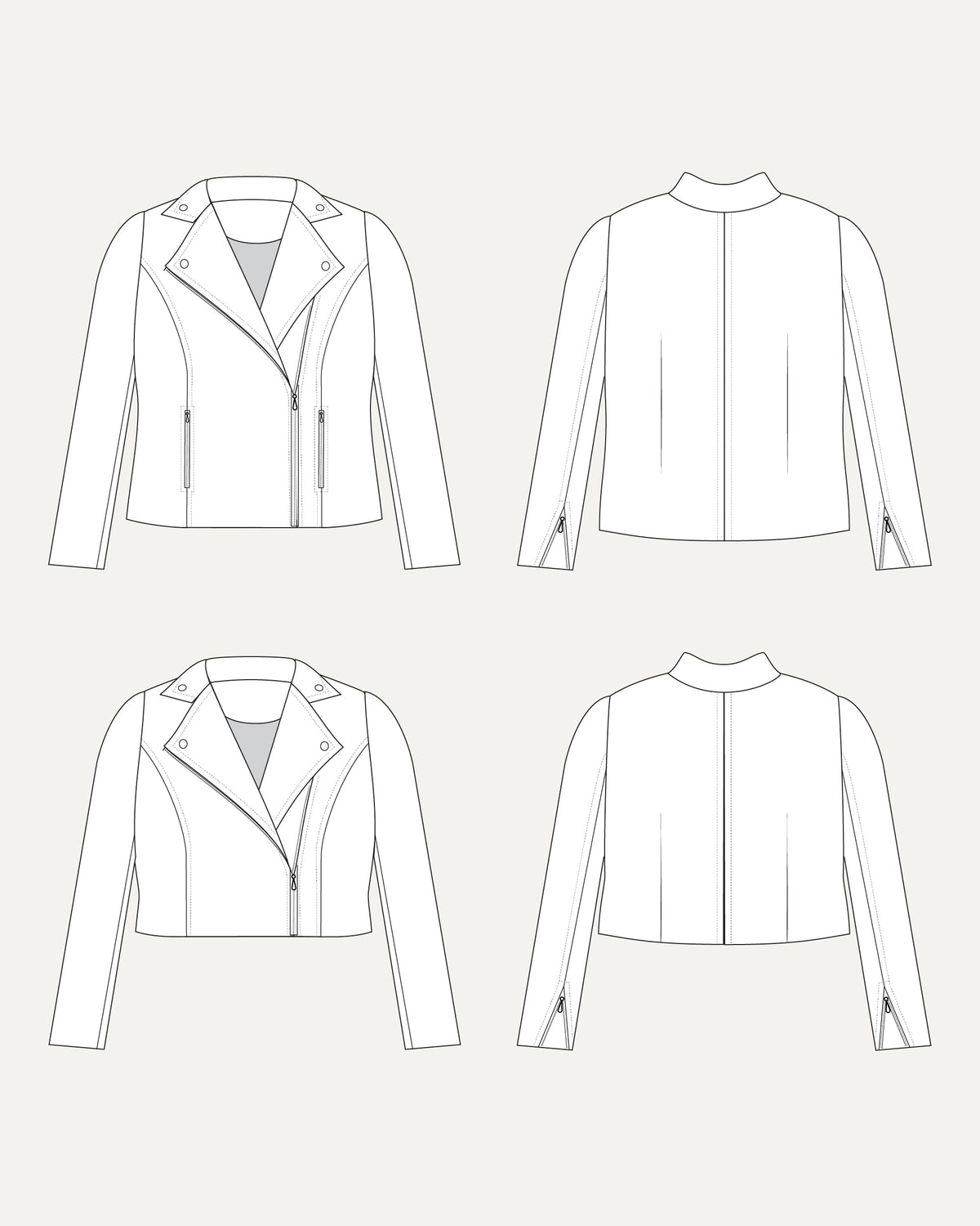 Line drawing of a jacket from multiple angles on a white background. This biker jacket is the Canton Moto Jacket sewing pattern from Cashmerette.