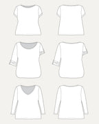 Line art of various t-shirt designs on a white background. This t-shirt is the Concord T-Shirt sewing pattern from Cashmerette.