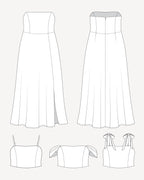 Line drawings of various strapless dresses on a white background. This dress is the Ellington Strapless Dress sewing pattern from Cashmerette.