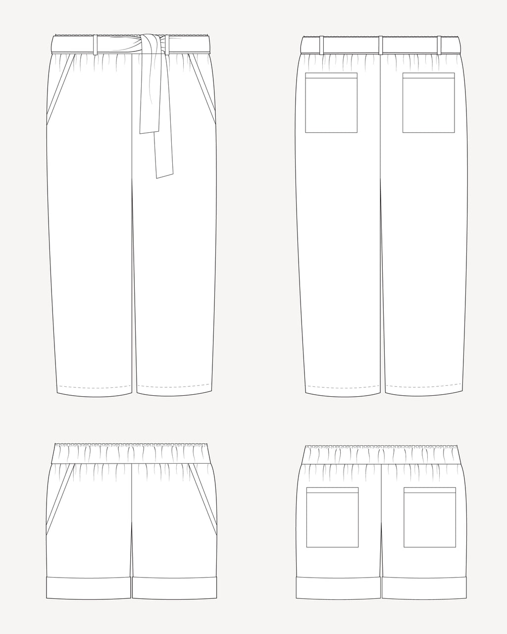 Line drawing of a pair of pants with a belt and front pockets on a white background. These pants are the Everett Pants & Shorts sewing pattern from Cashmerette.