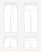 Line drawing of a pair of pants with a belt and front pockets on a white background. These pants are the Everett Pants & Shorts sewing pattern from Cashmerette.