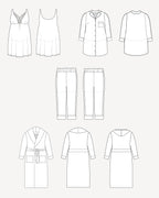 Set of black line drawings of various clothing items on a white background. This is the Fiske Sleepwear Set sewing pattern from Cashmerette.