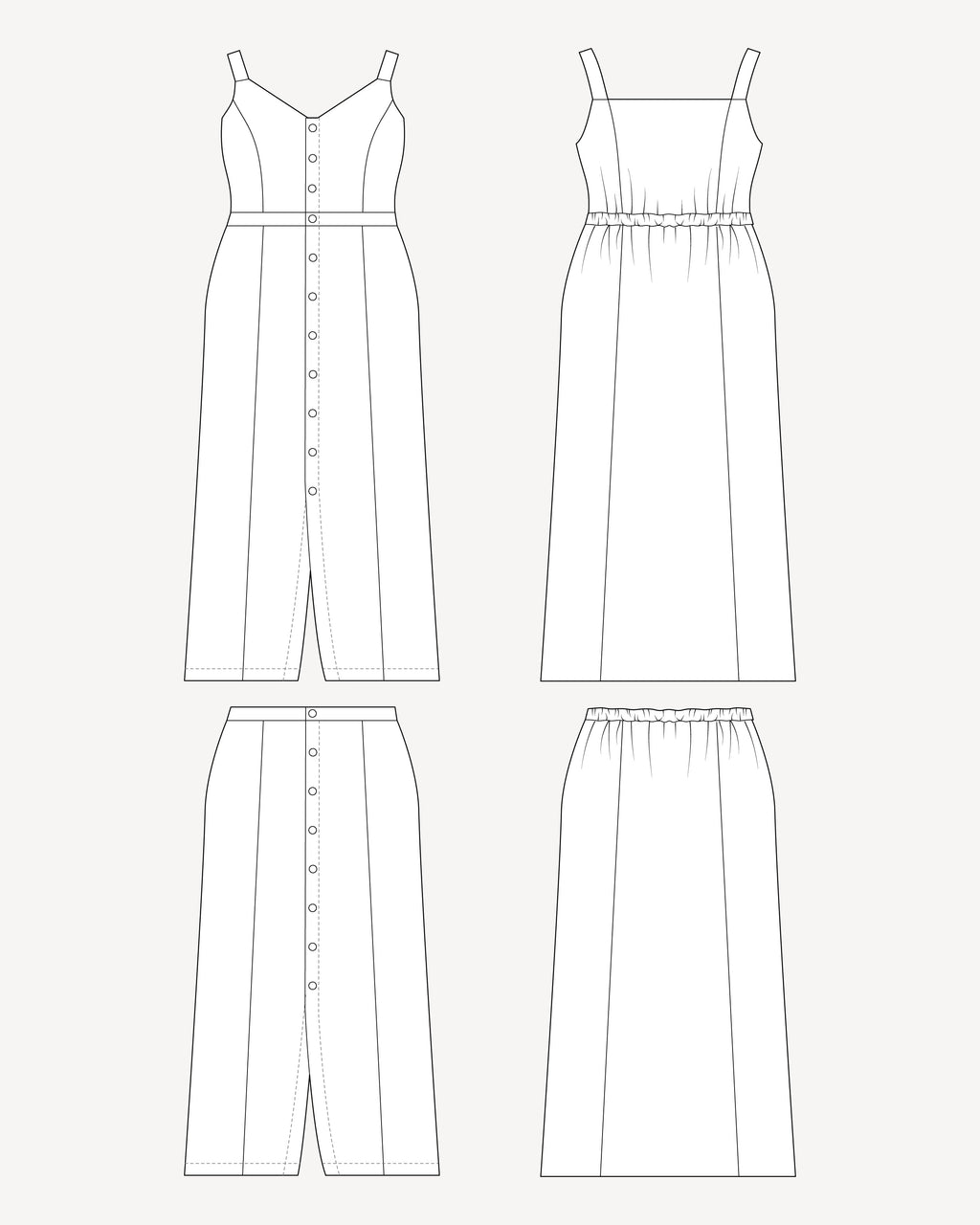 Line drawing of a dress and skirt on a white background. This is the Holyoke Maxi Dress & Skirt sewing pattern from Cashmerette.