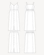 Line drawing of a dress and skirt on a white background. This is the Holyoke Maxi Dress & Skirt sewing pattern from Cashmerette.