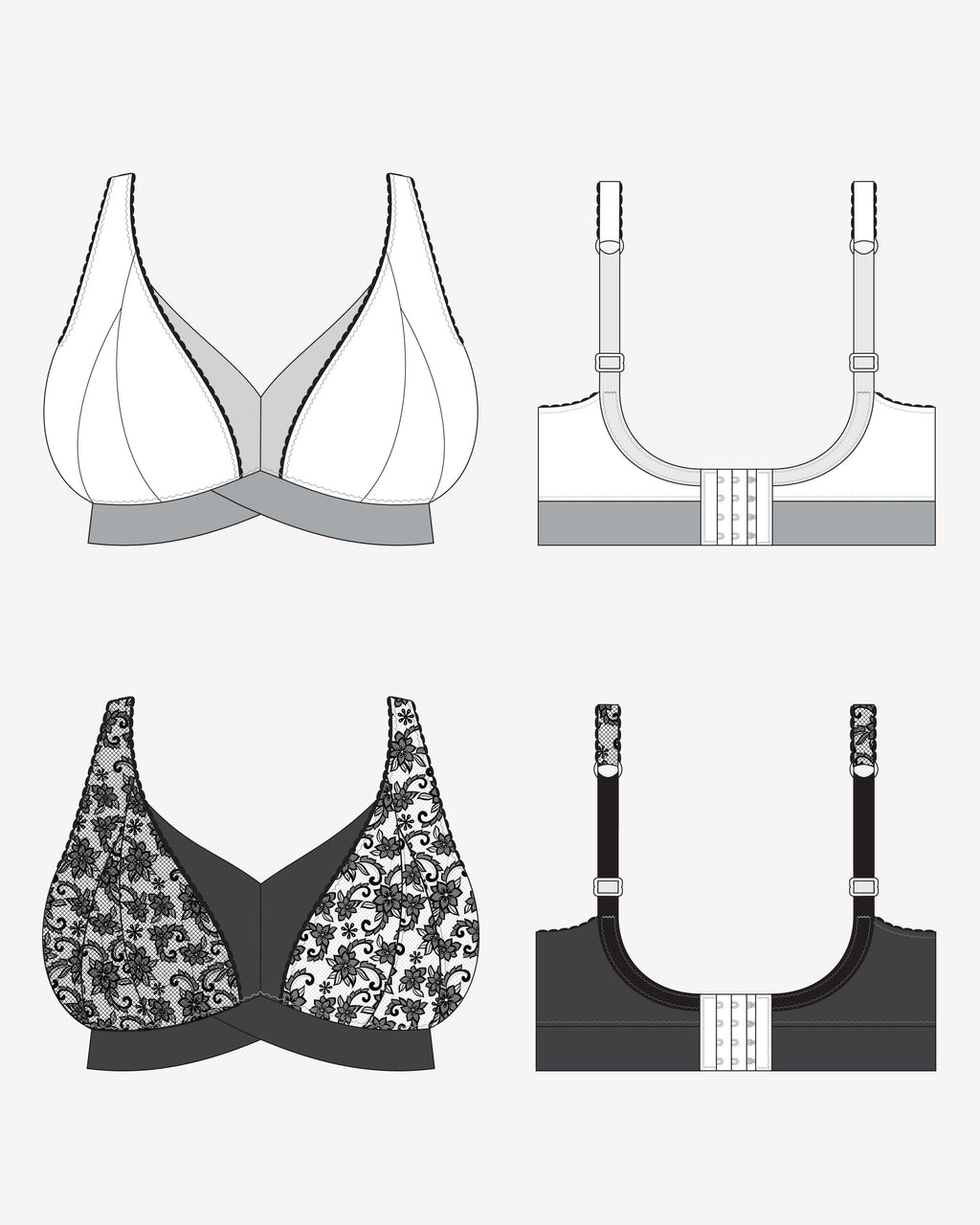 Illustrations of various bras from different angles on a white background. This bralette is the Loftus Bralette sewing pattern from Cashmerette.