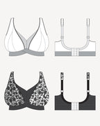 Illustrations of various bras from different angles on a white background. This bralette is the Loftus Bralette sewing pattern from Cashmerette.