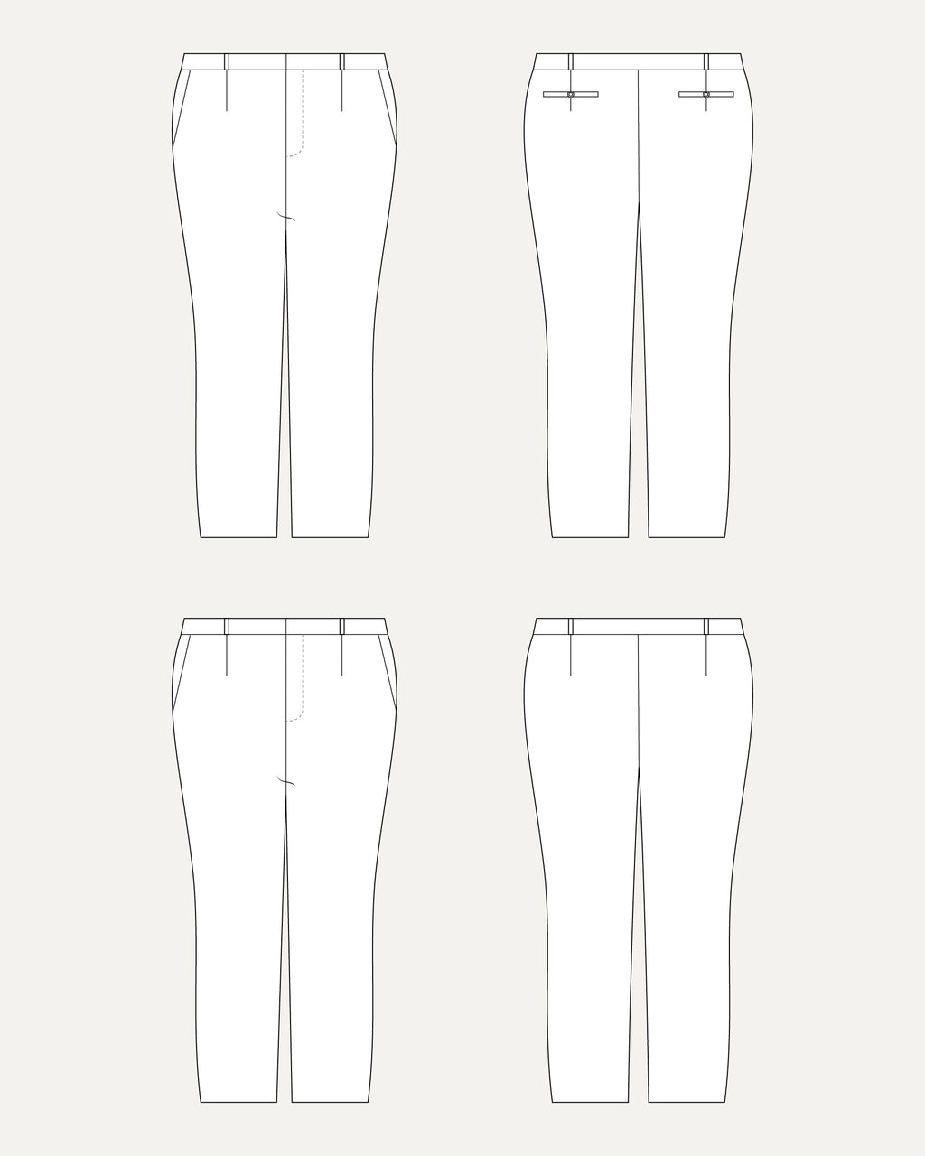 Technical drawing of a pair of pants from multiple angles on a white background. These pants are the Meriam Trousers sewing pattern from Cashmerette.