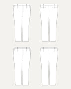 Technical drawing of a pair of pants from multiple angles on a white background. These pants are the Meriam Trousers sewing pattern from Cashmerette.