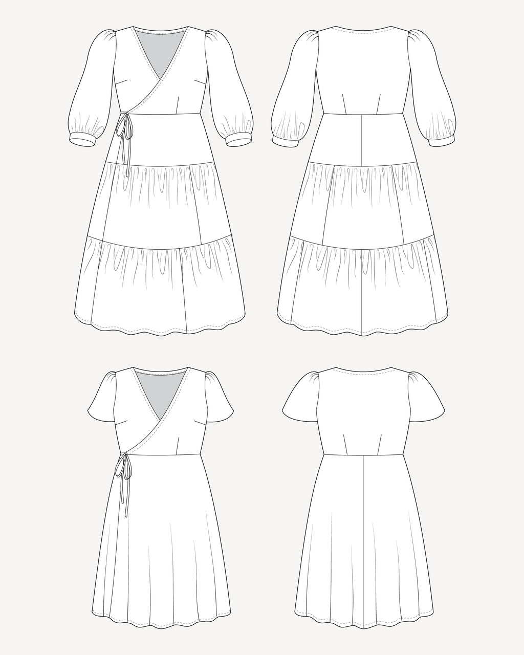 Line art of a dress from multiple angles on a white background. This dress is the Roseclair Wrap Dress sewing pattern from Cashmerette.