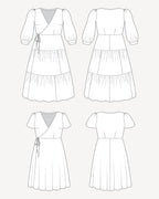 Line art of a dress from multiple angles on a white background. This dress is the Roseclair Wrap Dress sewing pattern from Cashmerette.