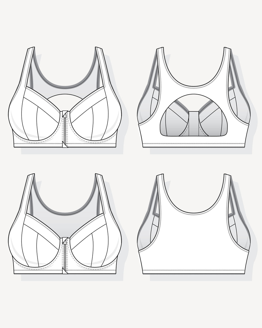 Technical drawings of a sports bra from multiple angles on a white background. This is the Somerville Sports Bra sewing pattern from Cashmerette.