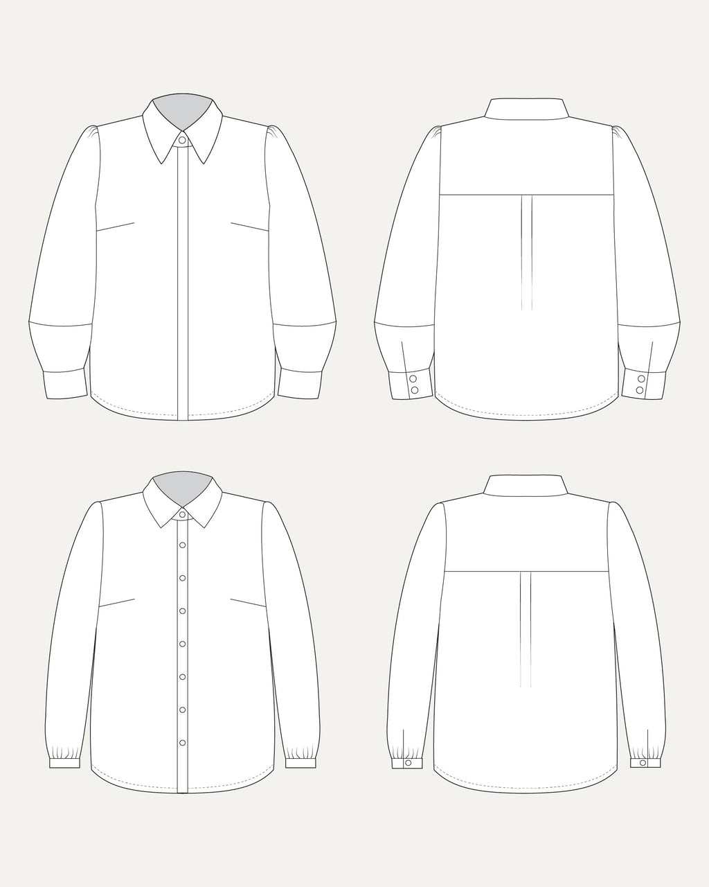 Line drawing of a shirt from front, back, and side views on a white background. This top is the Vernon Shirt sewing pattern from Cashmerette.