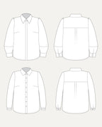 Line drawing of a shirt from front, back, and side views on a white background. This top is the Vernon Shirt sewing pattern from Cashmerette.