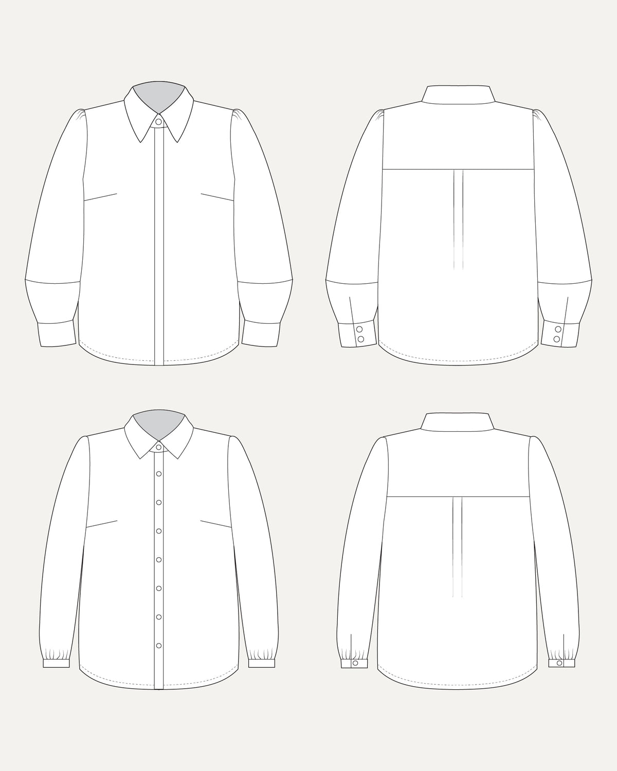 Line drawing of a shirt from front, back, and side views on a white background. This top is the Vernon Shirt sewing pattern from Cashmerette.