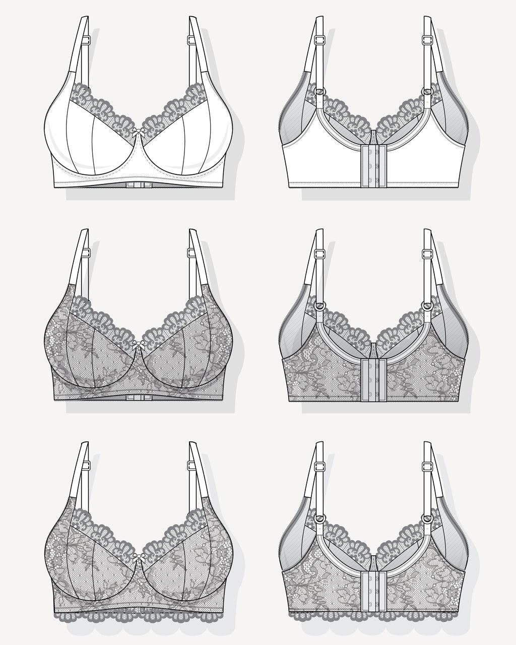 Technical drawings of various types of bras on a white background. This bra is the Willowdale Bra sewing pattern from Cashmerette.