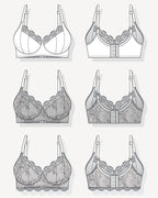 Technical drawings of various types of bras on a white background. This bra is the Willowdale Bra sewing pattern from Cashmerette.