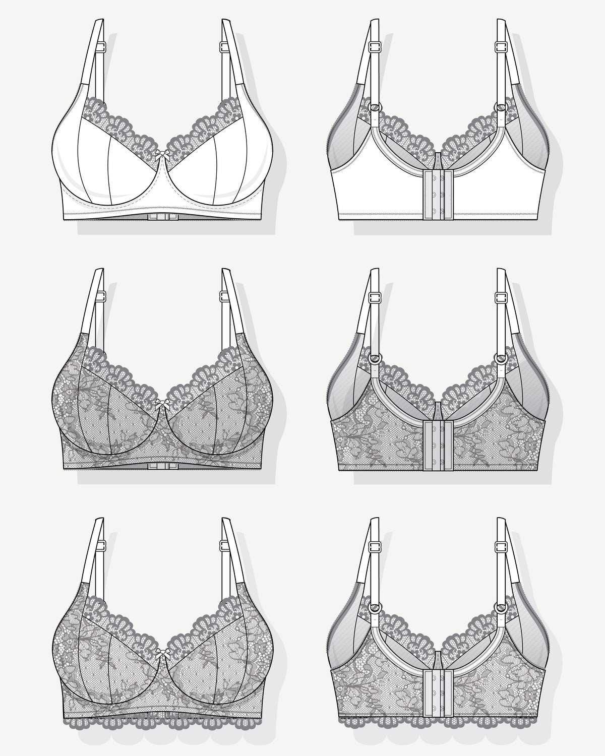 Technical drawings of various types of bras on a white background. This bra is the Willowdale Bra sewing pattern from Cashmerette.